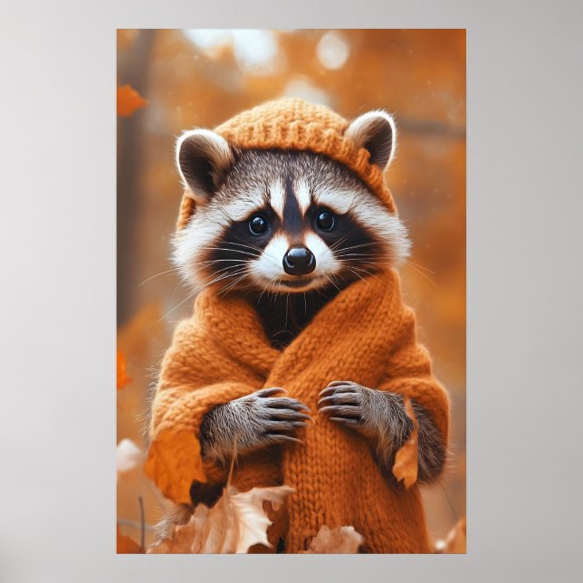 Póster Autumn Raccoon Art Print, Fall Animal in Clothes (Frente)