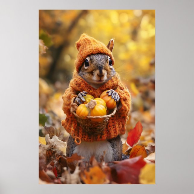 Póster Autumn Squirrel Art Print, Cozy Fall (Frente)