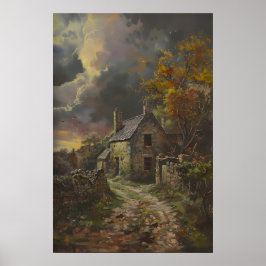 Póster Autumn Stone Cottage Art, Rustic Cottagecore Decor