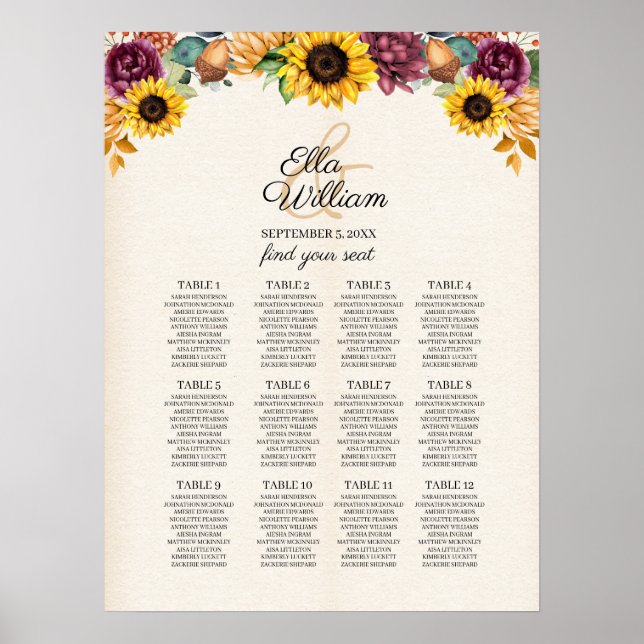 Póster Autumn Sunflower Floral Wedding Seating Chart (Frente)