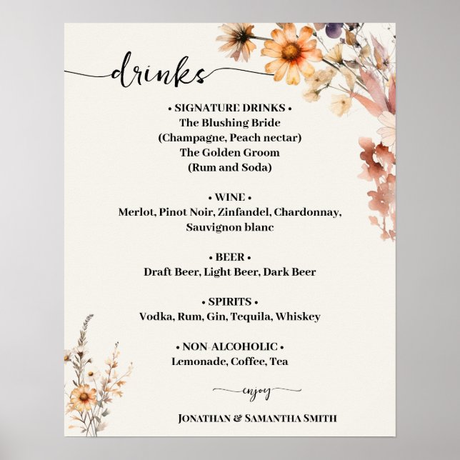 Póster Autumn Wildflowers Boda Bebidas Menú Rótulo (Frente)