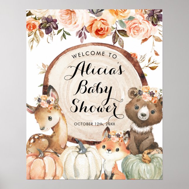 Póster Autumn Woodland Girl Baby Shower Welcome Sign (Frente)