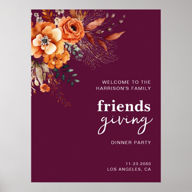 Póster Autumnal flowers thanksgiving elegant burgundy (Frente)