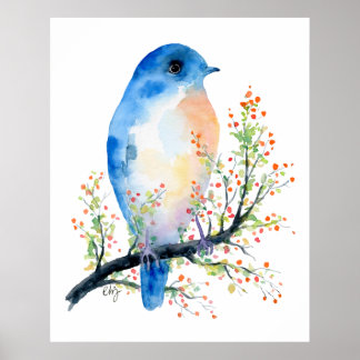 Póster Ave azul acuarela en rama de Berry