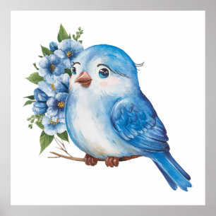 Póster Ave azul con flores