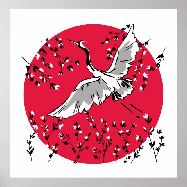 Póster Ave Crane dibujado a mano, ave de ilustracion gráf (Frente)