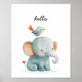 Póster Ave Cute Elephant Hola Nursera acuarela