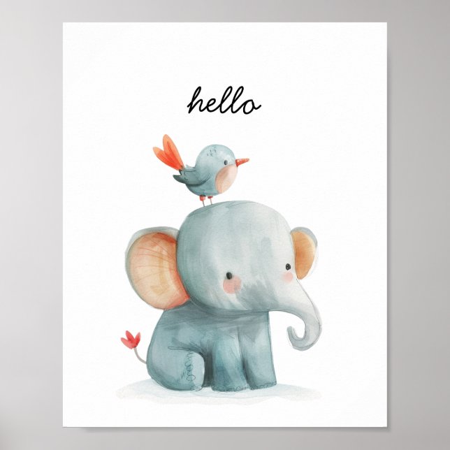 Póster Ave Cute Elephant Hola Nursera acuarela (Frente)