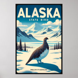 Póster Ave del estado de Alaska - Vintage Willow Ptarmiga