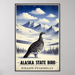 Póster Ave del estado de Alaska - Vintage Willow Ptarmiga