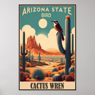 Póster Ave del Estado de Arizona - Cactus Wren Vintage
