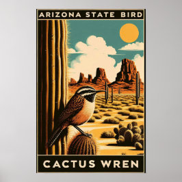 Póster Ave del Estado de Arizona - Cactus Wren Vintage