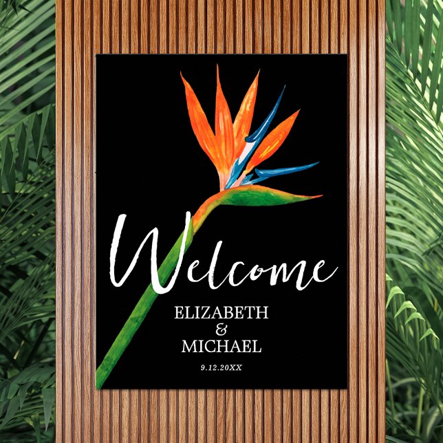 Póster Ave del paraíso en la bienvenida de los Bodas negr (Tropical bird of paradise on black wedding welcome poster - INSTANT DOWNLOAD and/or PRINTED)
