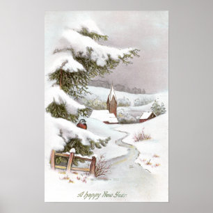 Póster Ave en la nevada escena invernal de Año Nuevo