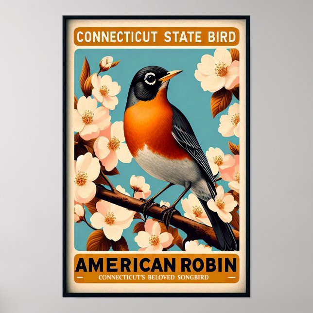 Póster Ave estatal de Connecticut - Robin Vintage estadou (Frente)