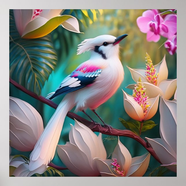 Póster Ave Fantasía Pájaro de Rubor con cresta blanca (Frente)