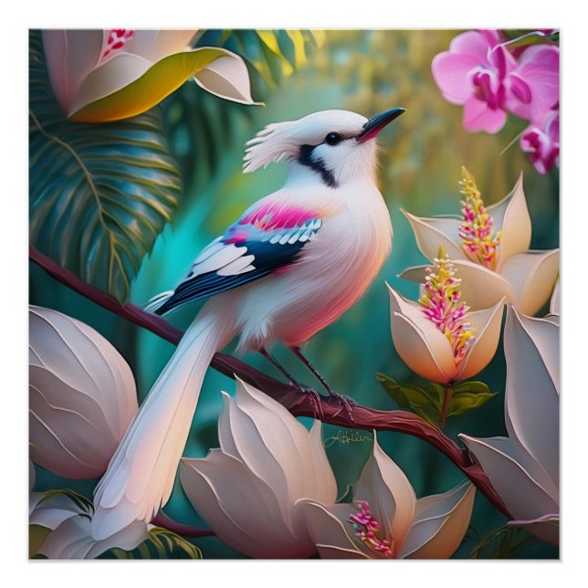 Póster Ave Fantasía Pájaro de Rubor con cresta blanca (Anverso)