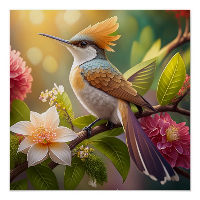 Póster Ave Fantasy de Honeyeater con cresta dorada (Anverso)