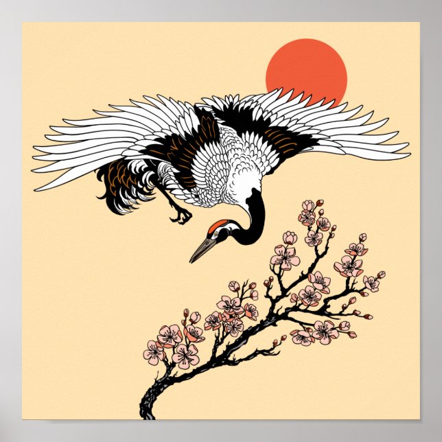 Póster Ave grulla japonesa y sakura floreciente (Frente)