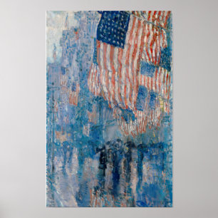Póster Avenida en la Lluvia, Pintura de Banderas American