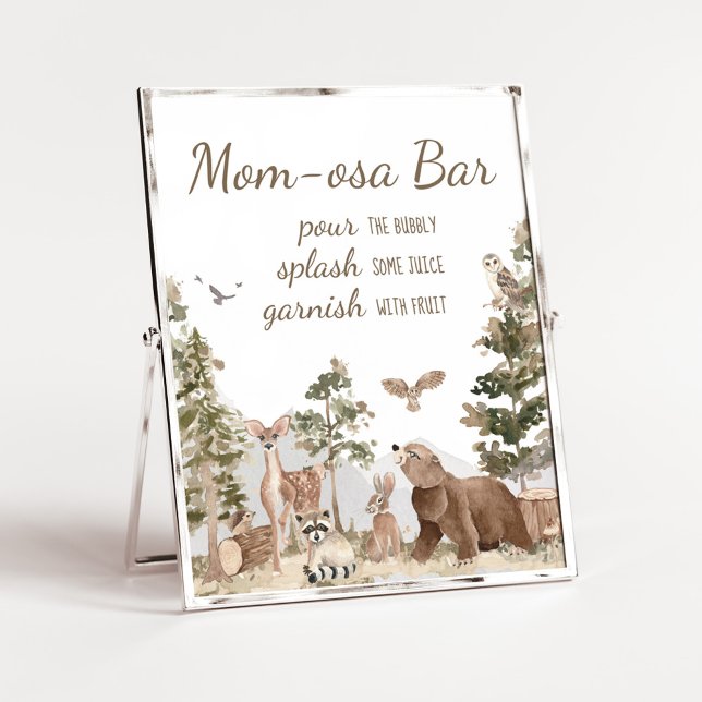 Póster Aventura a los animales de Woodland Mom Osa Bar (Woodland Animals Adventure Awaits Baby Shower Mom Osa Bar Sign)