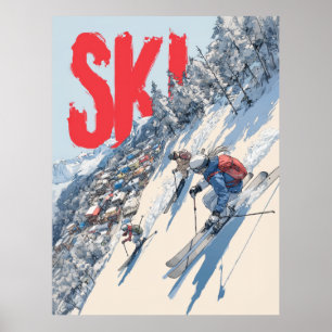 Póster Aventura de esquí en la ladera de la montaña
