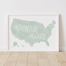 Póster Aventura de Verde Menta Espera Mapa de EE. UU. Dec