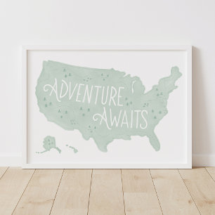 Póster Aventura de Verde Menta Espera Mapa de EE. UU. Dec