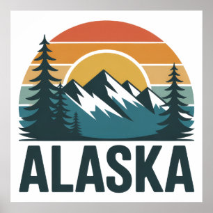 Póster Aventura del atardecer retro de Alaska