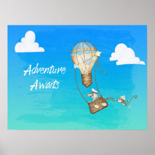 Póster Aventura espera al mono de globo aerostático