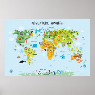 Póster Aventura espera el Mapa Mundial para Niños