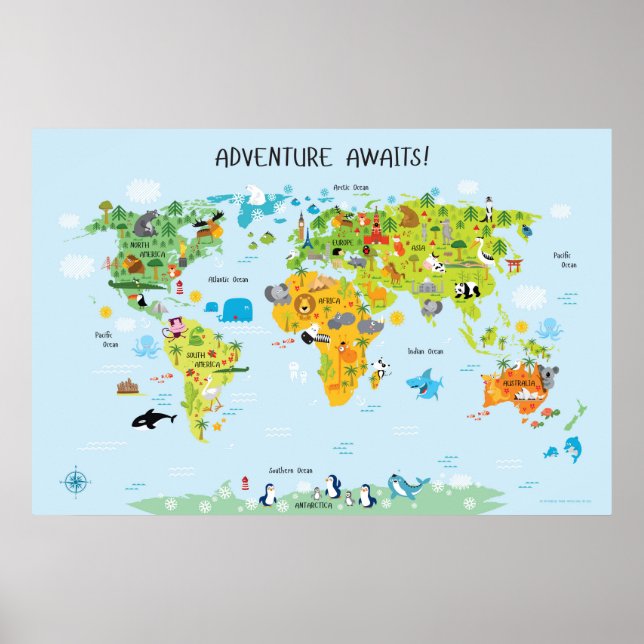 Póster Aventura espera el Mapa Mundial para Niños (Frente)