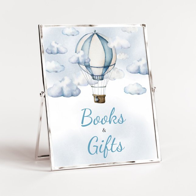 Póster Aventura espera libros y regalos con globos aerost (Adventure Awaits Baby Shower Books and Gifts Sign)
