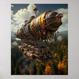 Póster Aventura otoñal Steampunk Zeppelin por bosque