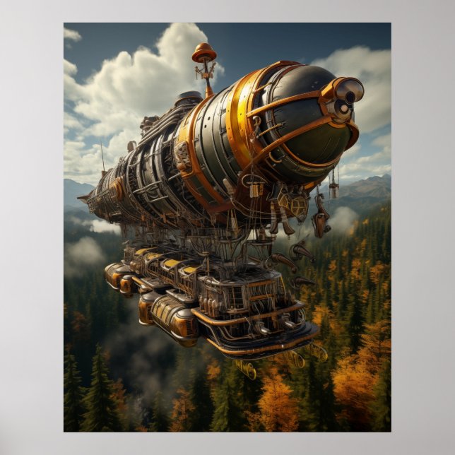 Póster Aventura otoñal Steampunk Zeppelin por bosque (Frente)