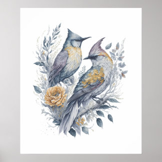 Póster Aves acuarelas en rama de flores