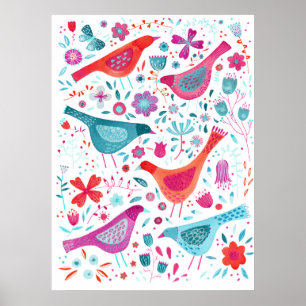 Póster Aves acuarelas en un jardín de flores pintando