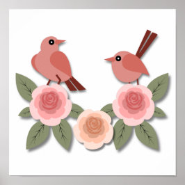 Póster Aves amorosas rosas y Rosas floridos