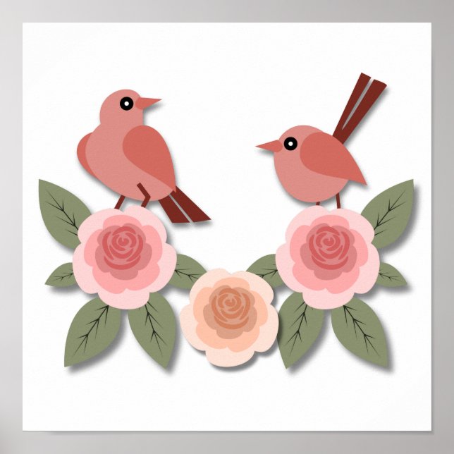Póster Aves amorosas rosas y Rosas floridos (Frente)
