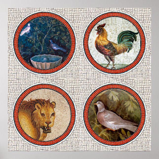 PÓSTER AVES ANTIGUAS DE MOSAICS ROMANAS, ROOSTER Y LION (Frente)