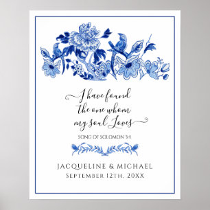 Póster Aves azules blancas de amor Boda de bienvenida flo