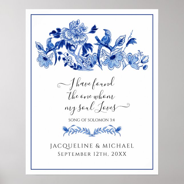 Póster Aves azules blancas de amor Boda de bienvenida flo (Frente)