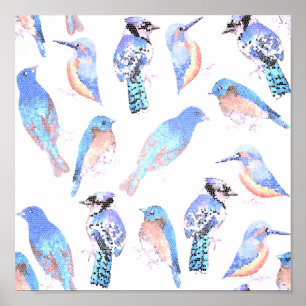 Póster Aves azules en efecto mosaico