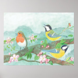 Póster Aves cantando en una rama de árbol floreciente