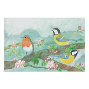 Póster Aves cantando en una rama de árbol floreciente