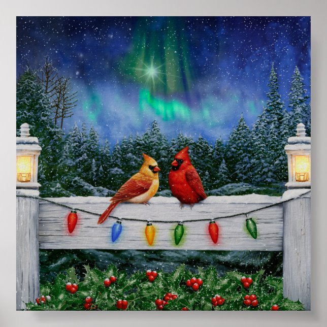 Póster Aves cardenales y luces Navidades (Frente)