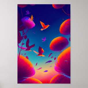 Póster Aves Coloridas Volando Sobre El Bosque