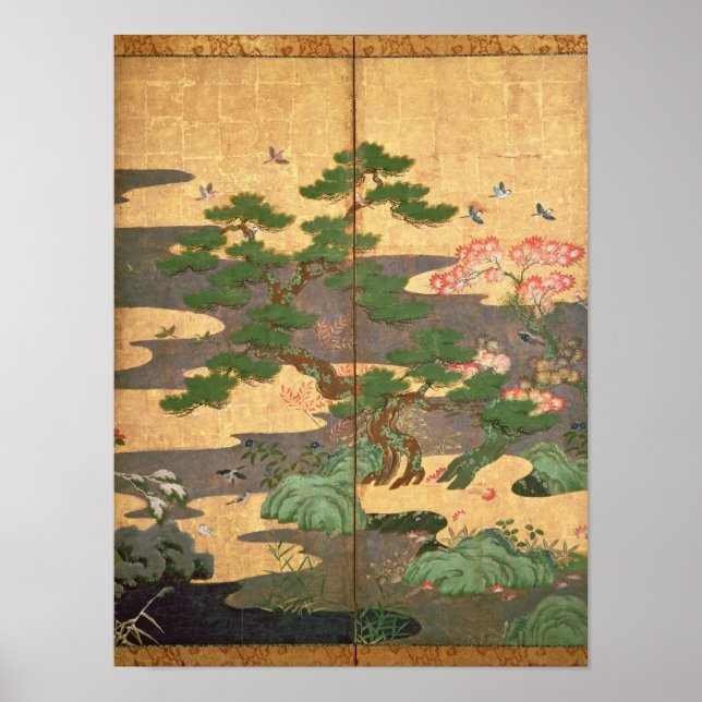 Póster Aves con flores de otoño e invierno (Frente)