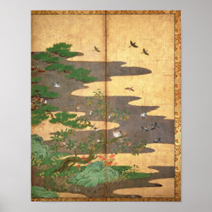 Póster Aves con flores de otoño e invierno