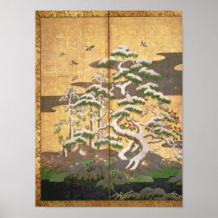 Póster Aves con flores de otoño e invierno